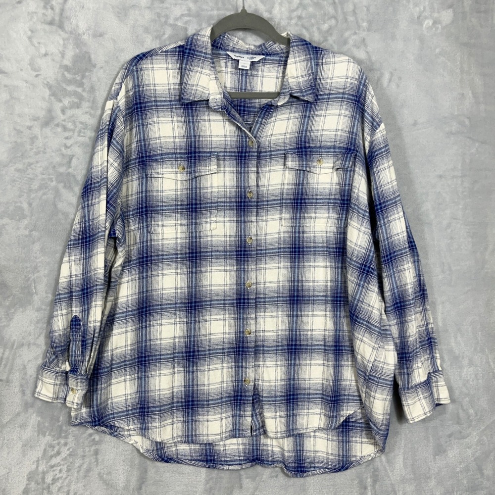 Old Navy Women Button Down XL Blue Plaid Boyfriend Shirt Flannel Layering Grunge